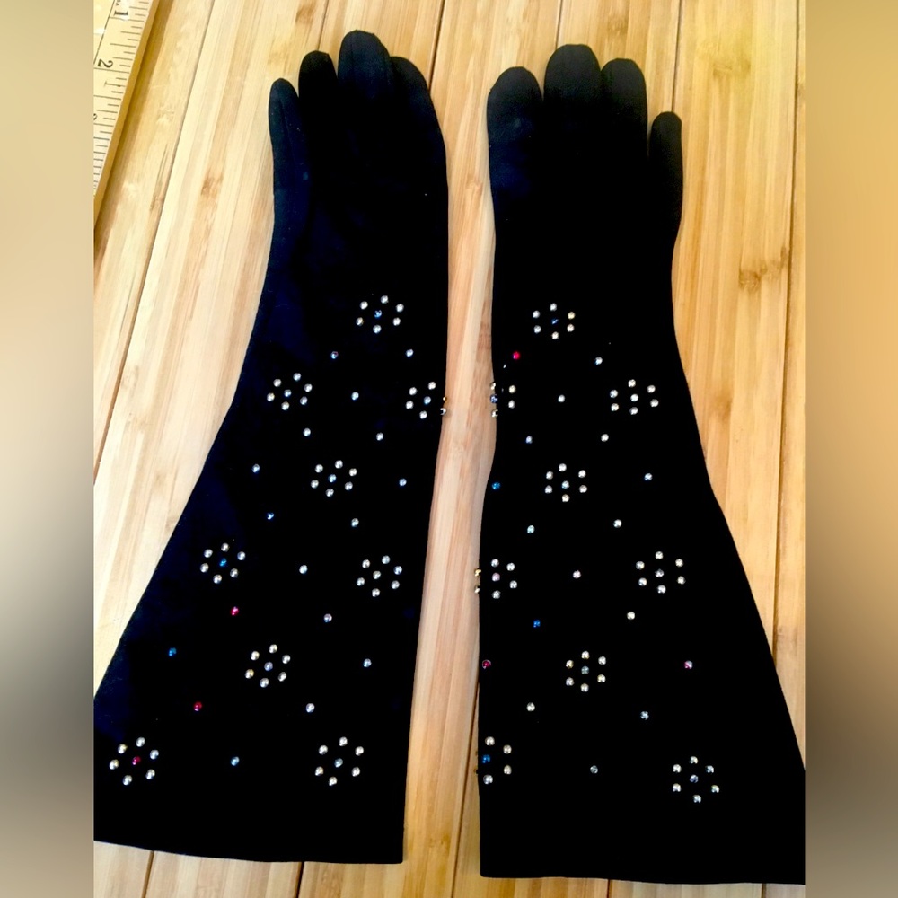 SOLD Vintage LADY GAY, 12” Black Evening Gloves with Gold stud embellishments